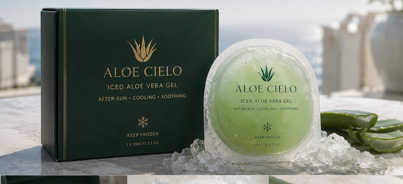 Aloe Cielo packaging — box and capsule on marble with ocean view