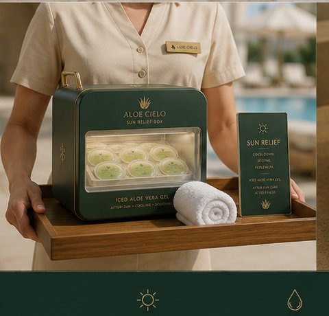 Server presenting the Sun Relief Box on a wooden tray